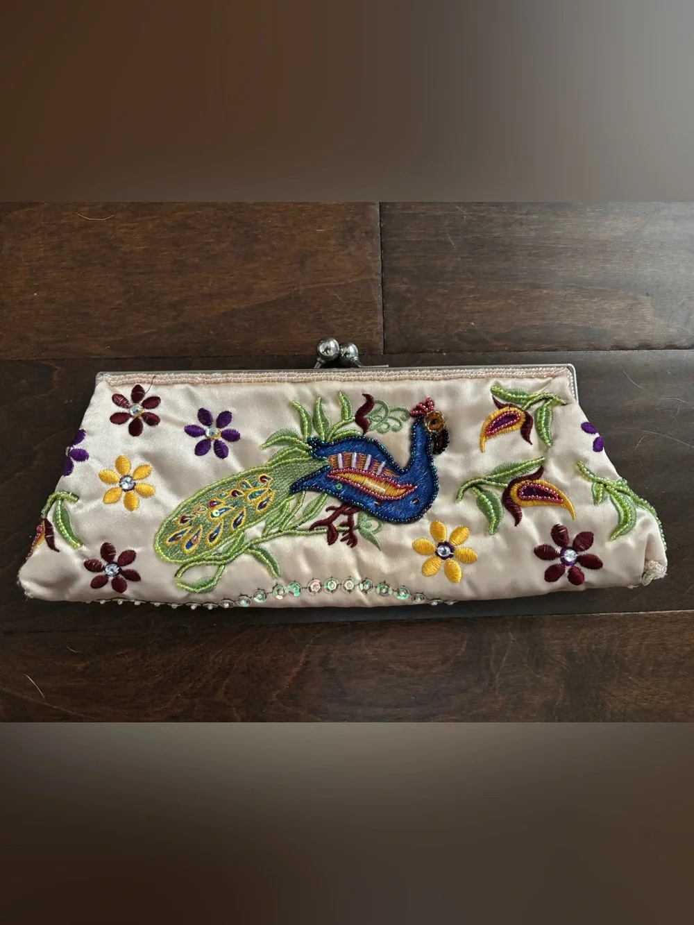 Chateau Vintage-Style Beaded & Embroidered Peacock Satin Kiss-Lock Clutch